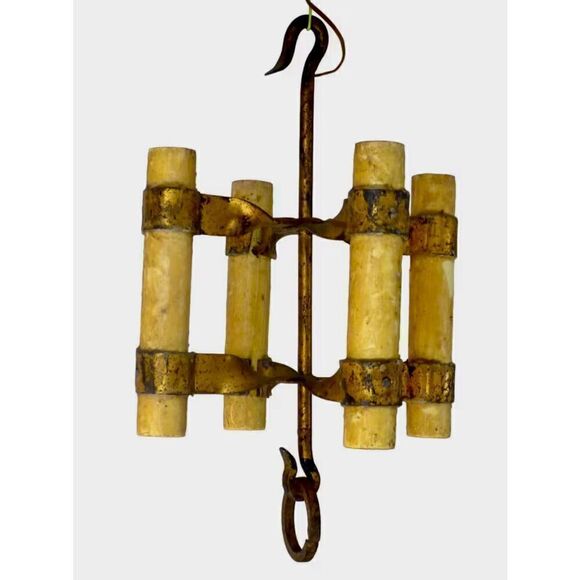 French Vintage 4 Light Gilt Iron  Fixture with Large Wax Candles Gothic Style Me - Picture 7 of 7